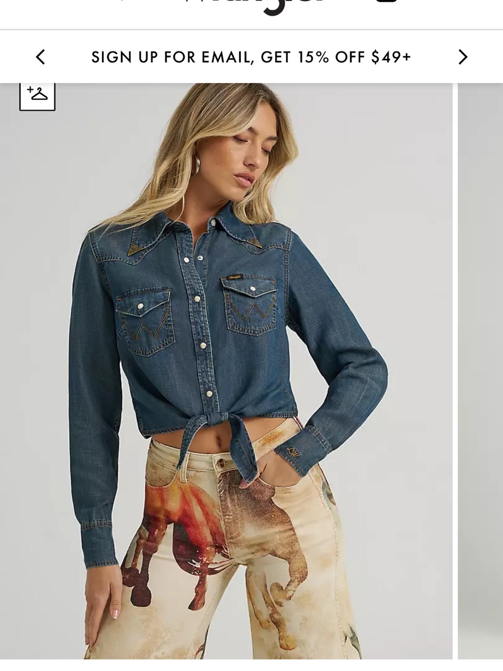 NWT Wrangler Lainey Wilson tie front denim blouse boho finish